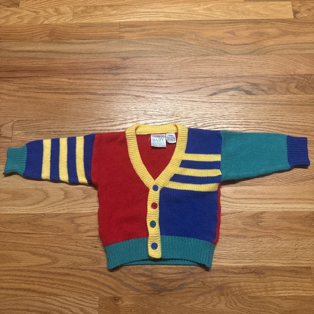 Vtg 80s/90s Baby Kisses Color Block Stripes Cardigan Sweater 18 Months
